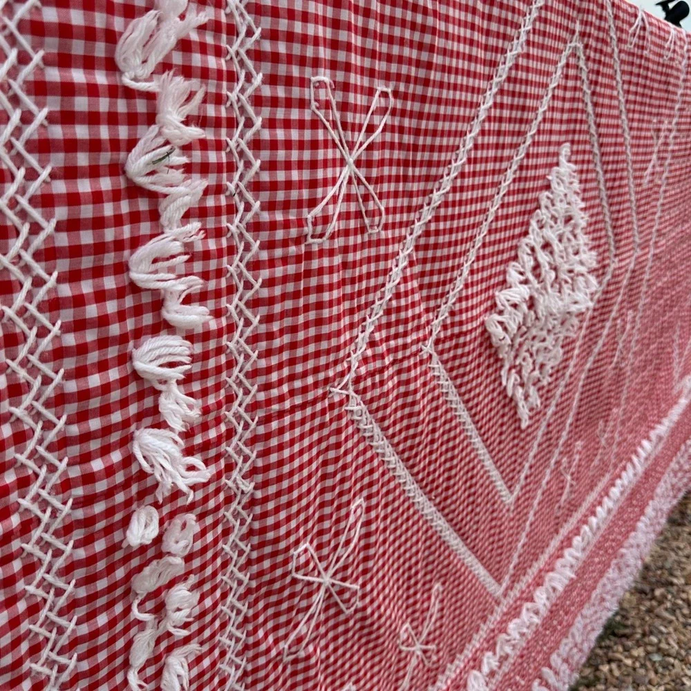 Vintage Hand Quilted Red Gingham Check Embroidery Tufted Blanket Quilt 84x62